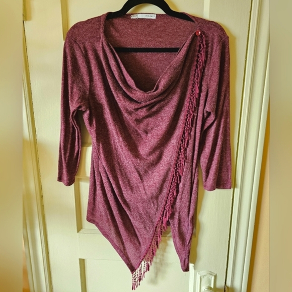 Boho maroon layered cowl neck knit wrap cardigan with fringe Maurices - Picture 2 of 11